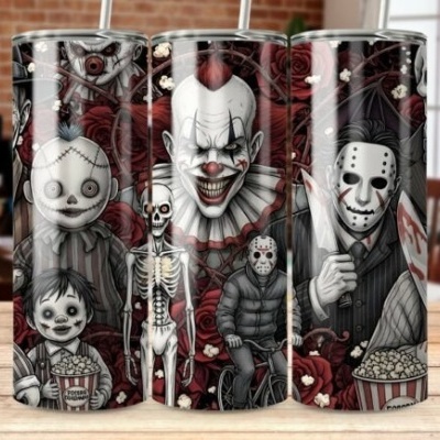 Três copos altos com personagens assustadores em tons escuros