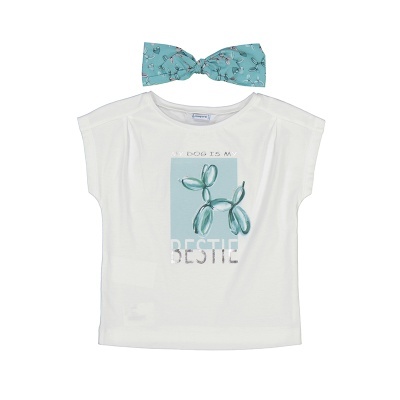 Camisola branca criança com balão de cão azul e frase e faixa azul estampada