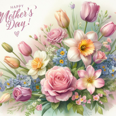 Arranjo floral colorido com flores e texto 'HAPPY Mother's Day!'