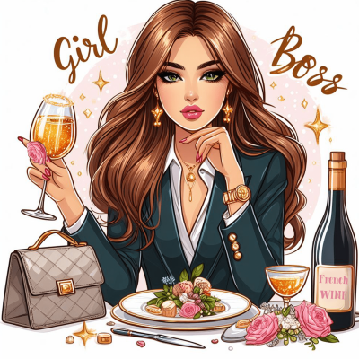 Mulher elegante com taça de vinho e comida, bolsa, garrafa 'French WINE' e texto 'Girl Boss'.