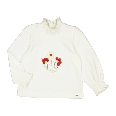 Camisola branca infantil com flores vermelhas estampadas e gola franzida