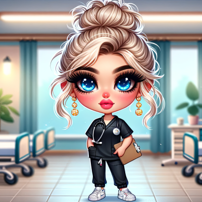 Figura animada com uniforme de enfermagem preto em ambiente hospitalar