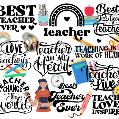 Ilustrações e frases motivacionais sobre professores com cores variadas e elementos escolares.