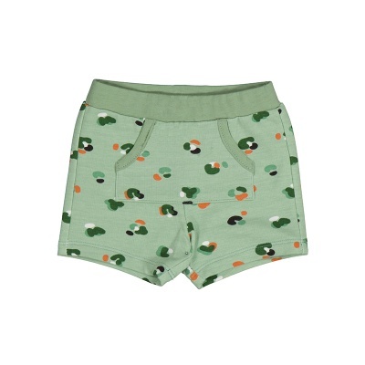 Shorts de criança verde claro com padrão de pintas coloridas