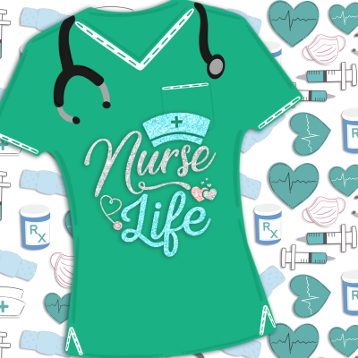 Camisola verde com texto 'Nurse Life' e design de enfermeira com estetoscópio, chapéu e corações