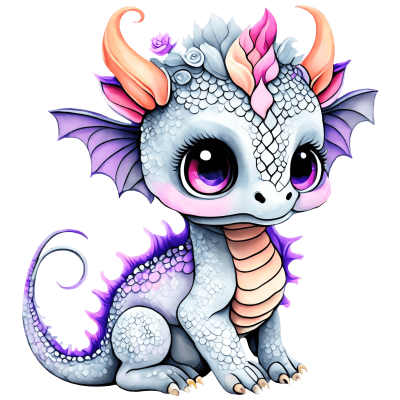 Ilustração de dragão cartoon com olhos grandes e escamas cinzentas, chifres alaranjados e asas lilás