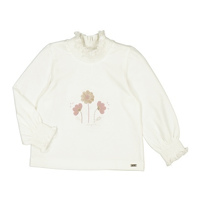 Camisola infantil branca com gola e punhos frisados e estampado de flores em tons pastel