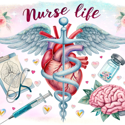 Ilustração médica com coração, cérebro, seringas, cápsulas, pulmões e texto Nurse life