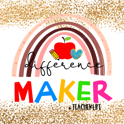 Logótipo colorido com arco-íris, maçã, lápis, coração e texto 'difference MAKER #TEACHERLIFE' em fundo branco com confetes dourados