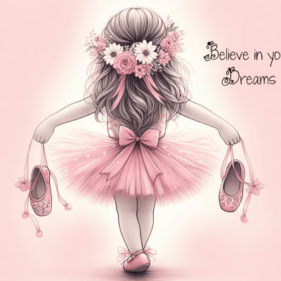 Desenho de menina com saia de balé e flores no cabelo segurando sapatilhas cor-de-rosa com texto inspirador