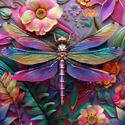 Libélula colorida estilizada com flores e folhas vibrantes