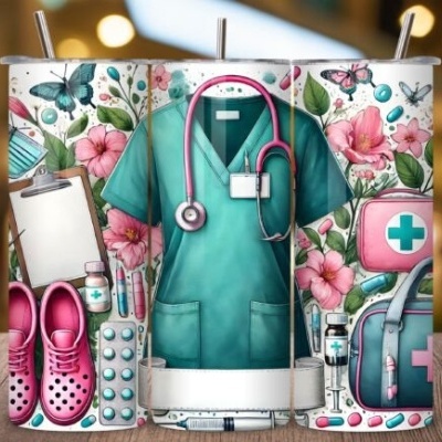 Conjunto ilustrado de artigos de saúde com avental, estetoscópio, sapatos e acessórios em fundo floral.