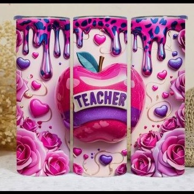 Conjunto de quatro caixas decorativas em rosa e roxo com maçã e palavra TEACHER