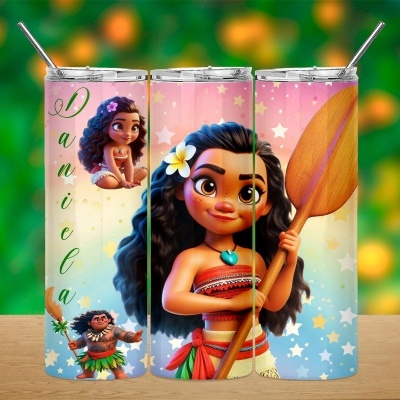 Copo térmico Moana com tampa e canudo, decoração colorida e nome Danica