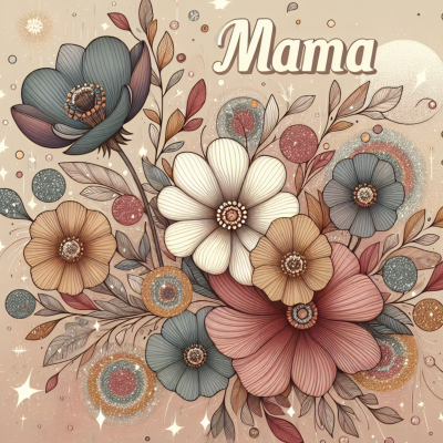 Ramo de flores estilizadas em tons pastel com a palavra 'Mama'