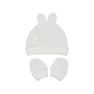 conjunto de touca com orelhas e luvas de bebé em algodão branco