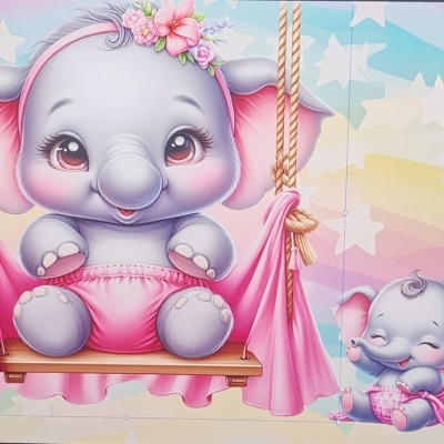 Desenho de elefantes bebés em cenário colorido com baloiço e estrelas