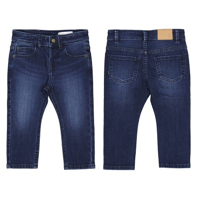 Calças de ganga azul escuro para criança vistas de frente e trás