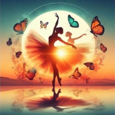 Bailarina em silhueta com saia vermelha e borboletas coloridas num cenário com lua cheia e água refletora.