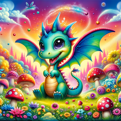 Dragão colorido sentado em campo florido com cogumelos e céu vibrante