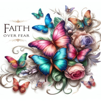 Borboletas coloridas e flores ornamentais com texto Faith Over Fear