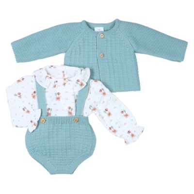 Conjunto infantil de casaco, body floral e calção verde aguarela em malha texturizada.