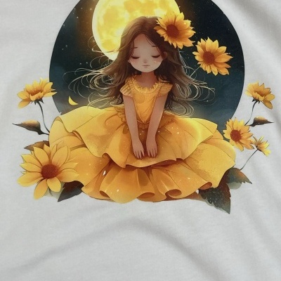 T-shirt branca com estampa de menina em vestido amarelo, girassóis e lua