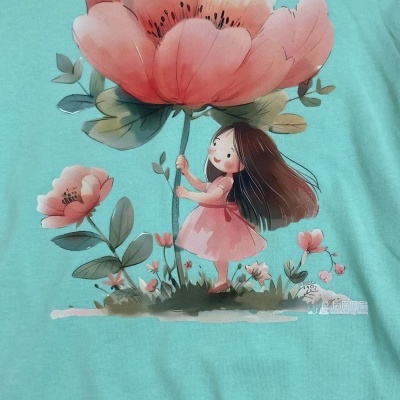 T-shirt azul turquesa com ilustração de rapariga e flores cor-de-rosa