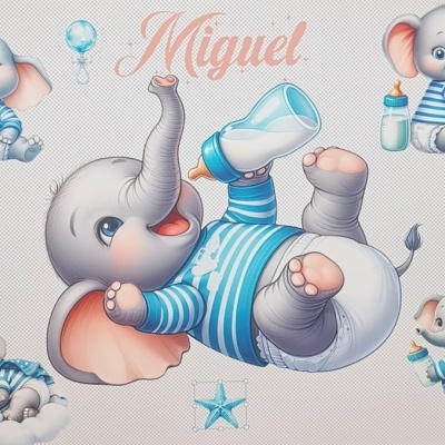 Ilustração de elefantes bebés com biberão e nome Miguel
