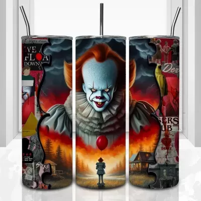 Copos metálicos decorados com ilustração do palhaço Pennywise e texto parcial em fundo dramático
