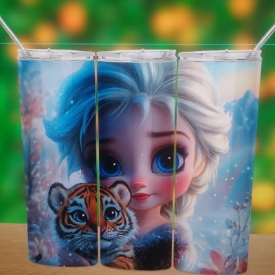 Conjunto de três copos altos com desenho de personagem de desenho animado e um tigre bebé.