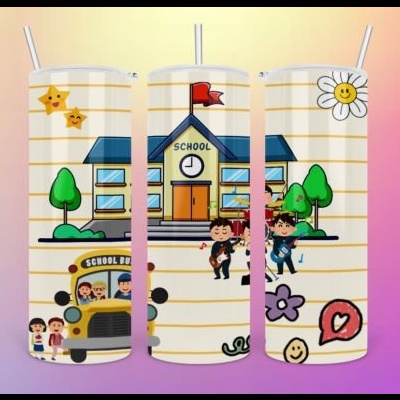 Garrafa térmica infantil branca com desenhos escolares coloridos