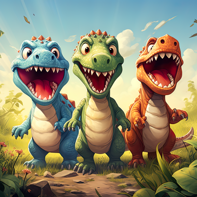 Três dinossauros animados coloridos sorrindo em clareira com relva e flores
