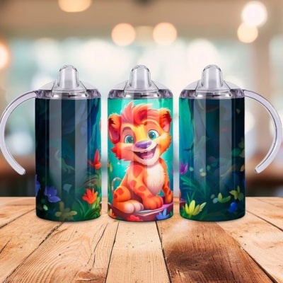 Garrafa infantil com tampa e desenho de leão colorido