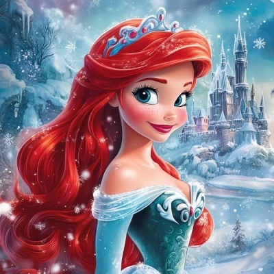 Ilustração de princesa ruiva com vestido azul e tiara em cenário nevado