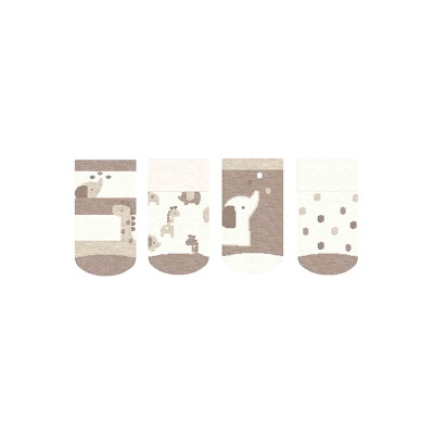 Conjunto de quatro meias infantis com padrões de animais e pontos em tons neutros