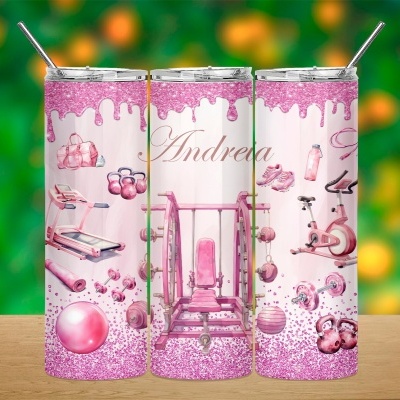 Copos térmicos rosa com motivos de ginásio e nome Andrea