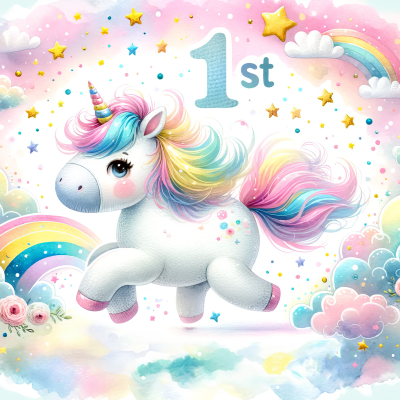 Ilustração de unicórnio colorido com número 1st rodeado por nuvens e estrelas