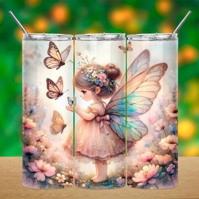 Conjunto de três copos de aço inoxidável com ilustração de fada e borboletas