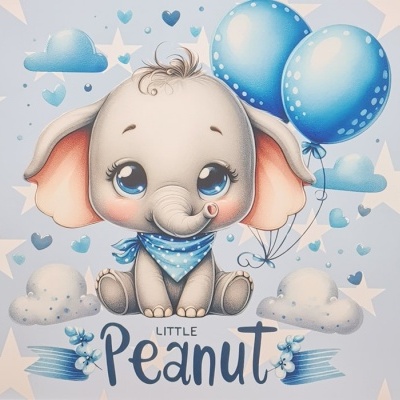 Elefante bebé cinzento com lenço azul, balões e nuvens, texto 'Rodrigo' e 'LITTLE Peanut'
