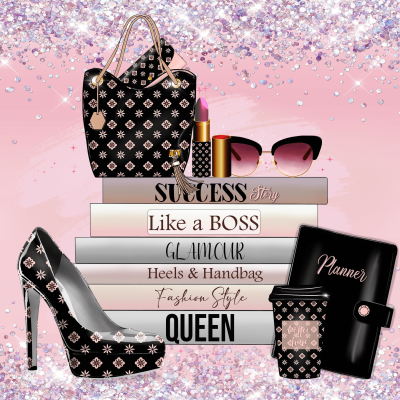 Conjunto de acessórios femininos com padrão floral rosa e fundo decorativo brilhante