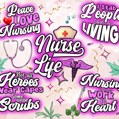 Imagem gráfica sobre enfermagem com textos motivacionais, estetoscópio, gorro de enfermeira e elementos médicos coloridos