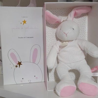 Peluche coelho branco com detalhes cor-de-rosa numa caixa branca com desenho e texto.