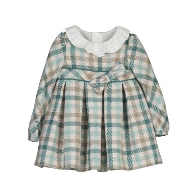 Vestido xadrez infantil com gola branca e laço