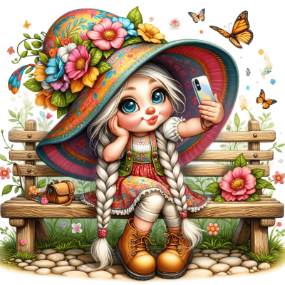 Menina com chapéu florido e vestido sentada num banco de madeira a tirar uma selfie com telemóvel