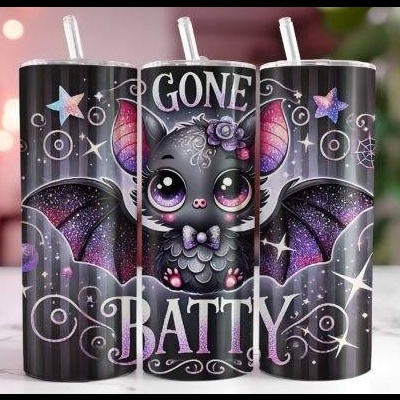 Garrafas térmicas pretas com design de morcego fofo roxo e texto 'GONE BATTY'