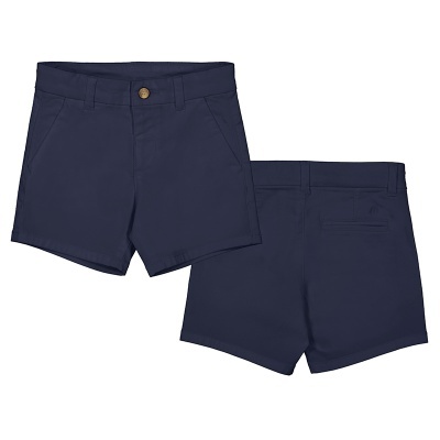 Calções azul escuro vistos de frente e costas