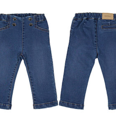 Calças de ganga azuis escuras para criança com fecho de botões e bolsos