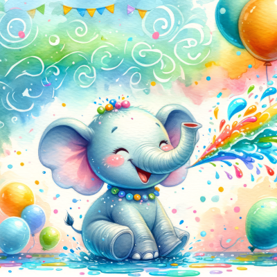 Desenho animado de elefante azul com balões coloridos e fundo festivo