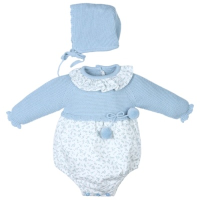 Macacão de bebé azul e branco com capuz e padrão floral